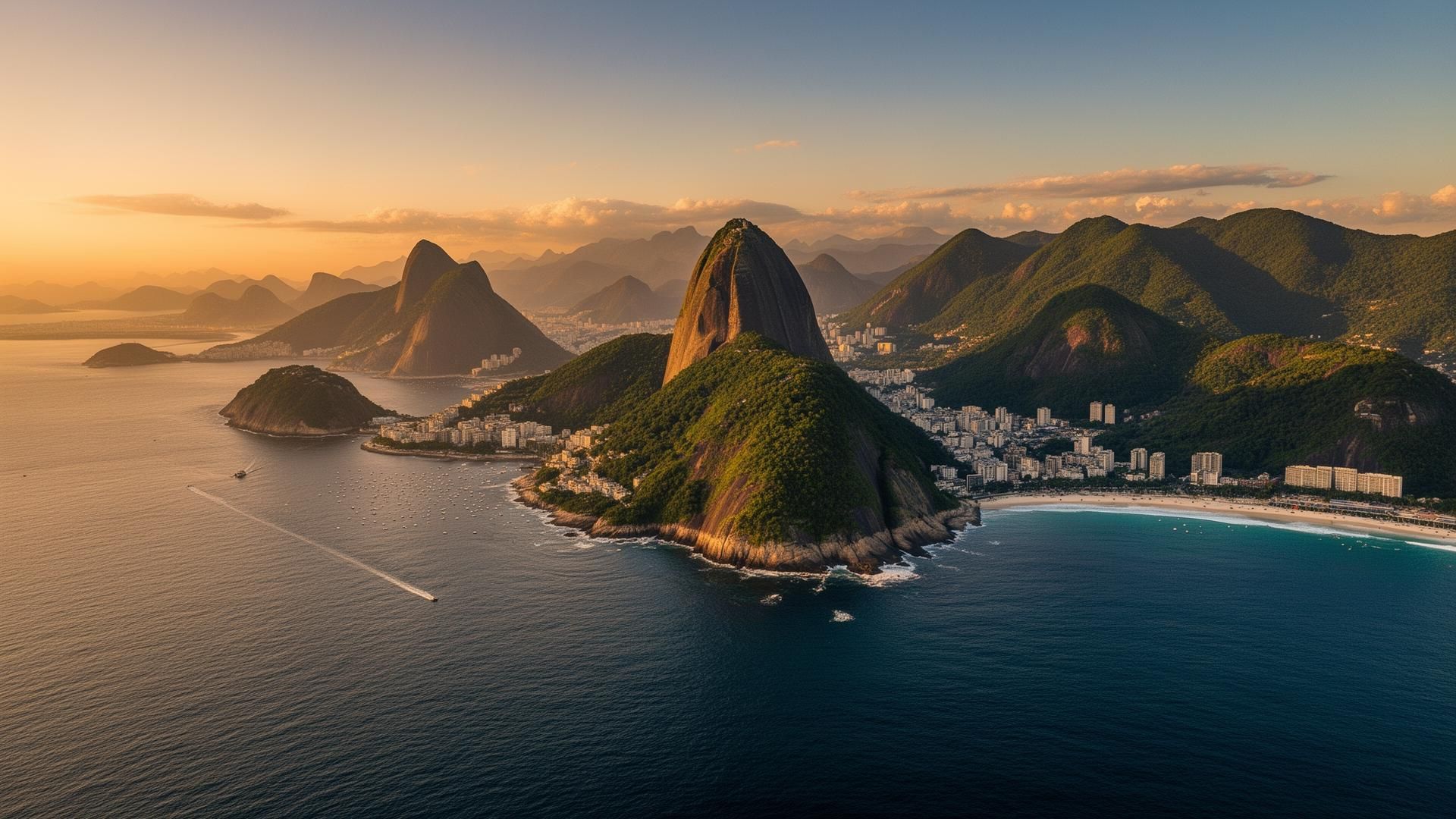 Sugarloaf Mountain rising over Guanabara Bay at golden hour