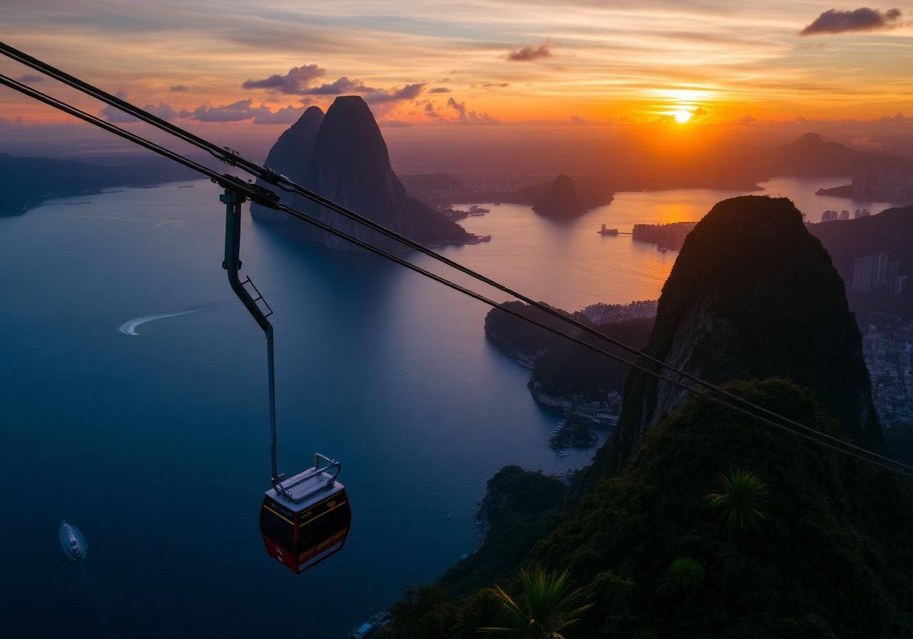 Sugarloaf cable car ascending over Guanabara Bay at sunset