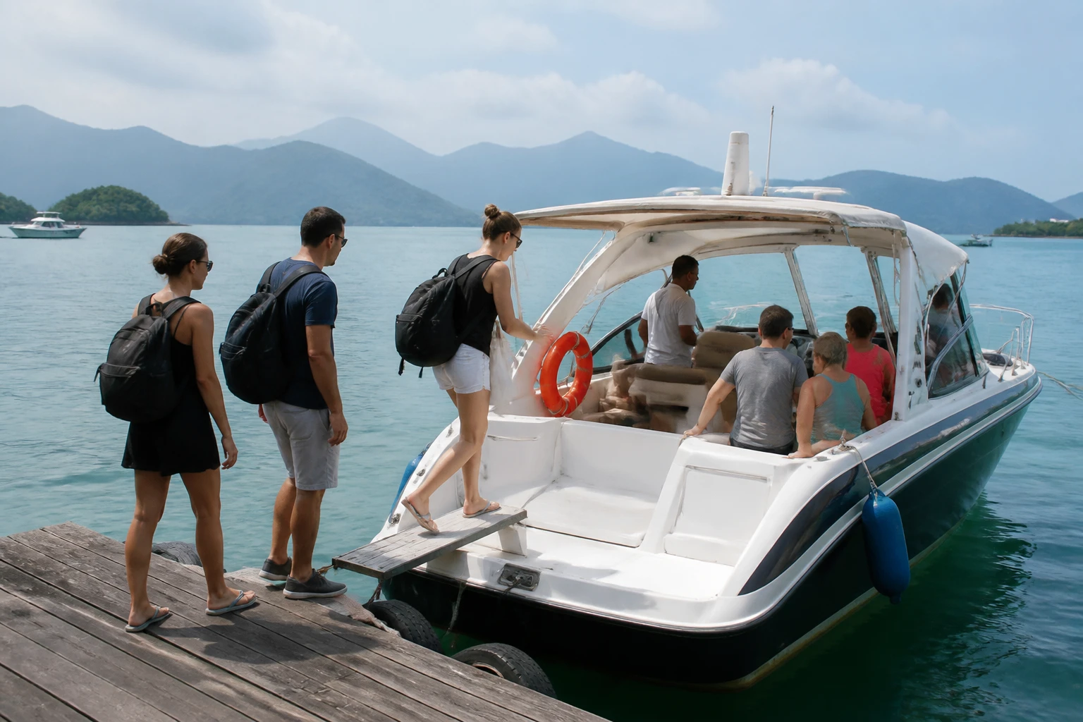 Travelers boarding an excursion boat at a coastal dock