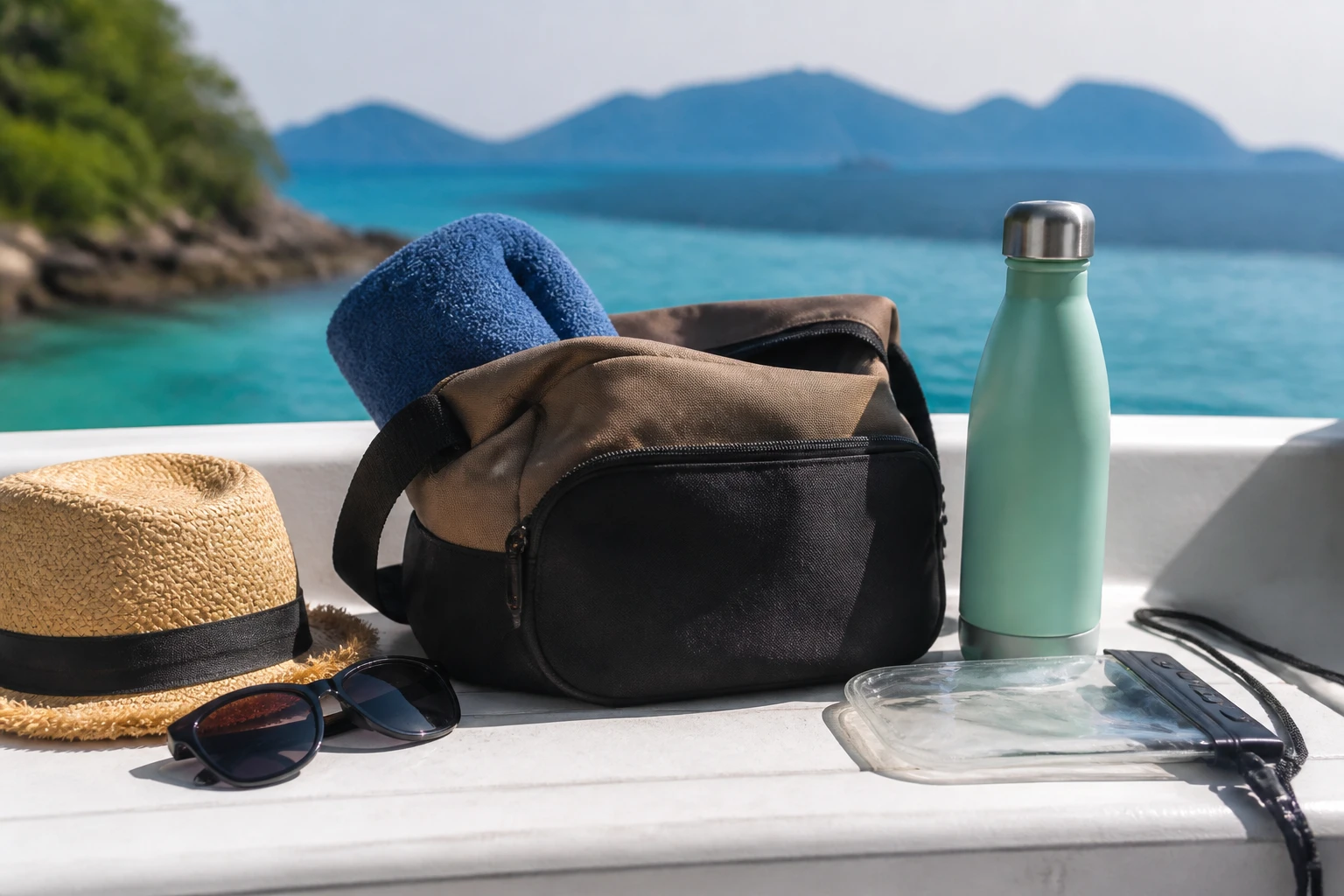Sun protection and swimming supplies packed for a boat trip
