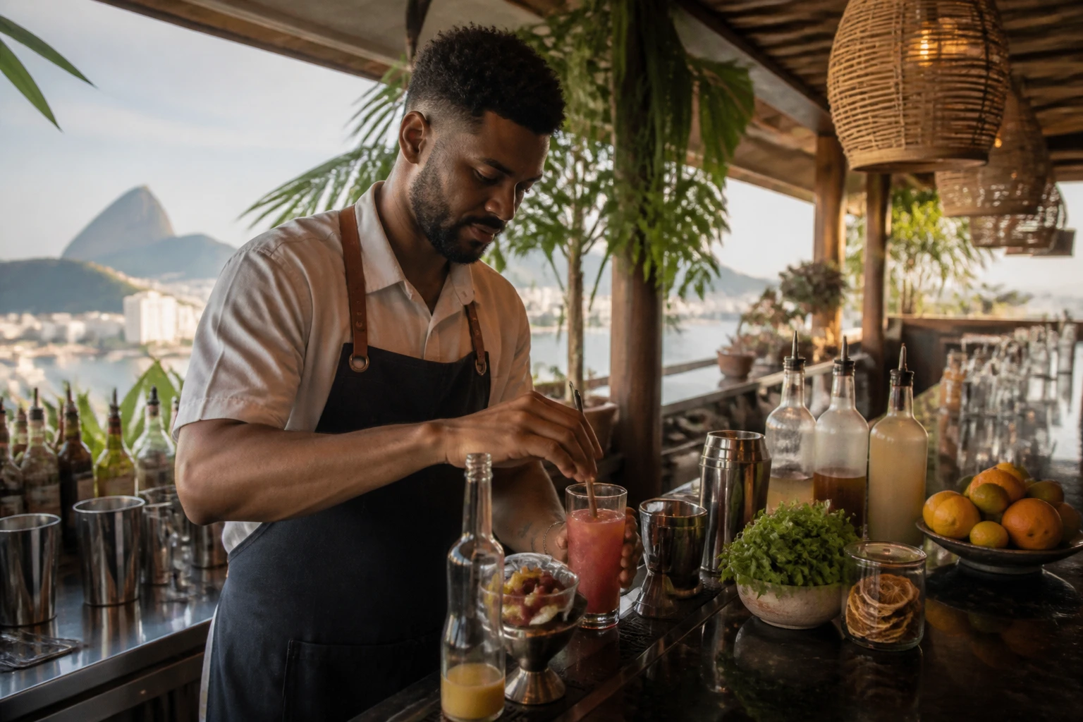 Bartender preparing a cocktail at a Rio bar