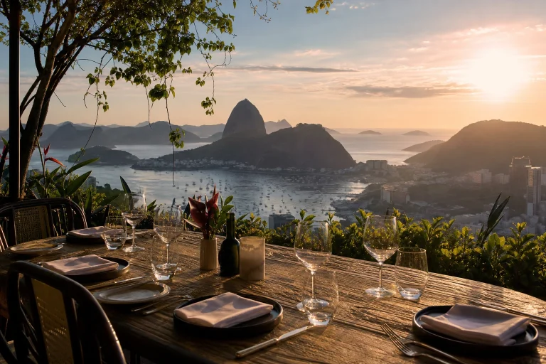 Scenic restaurant table overlooking Rio de Janeiro near sunset