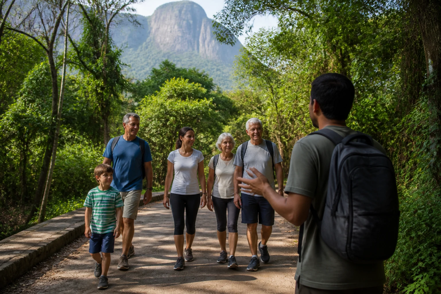 Family walking with a guide on a Rio forest path