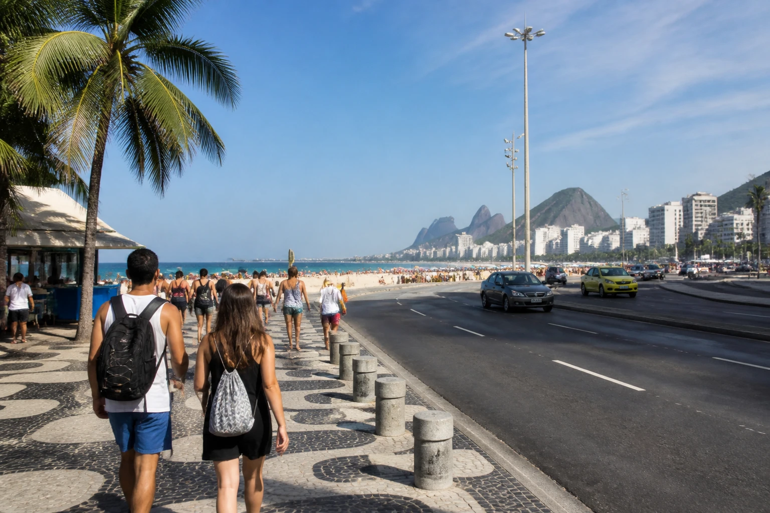 Pedestrians approaching the Copacabana waterfront