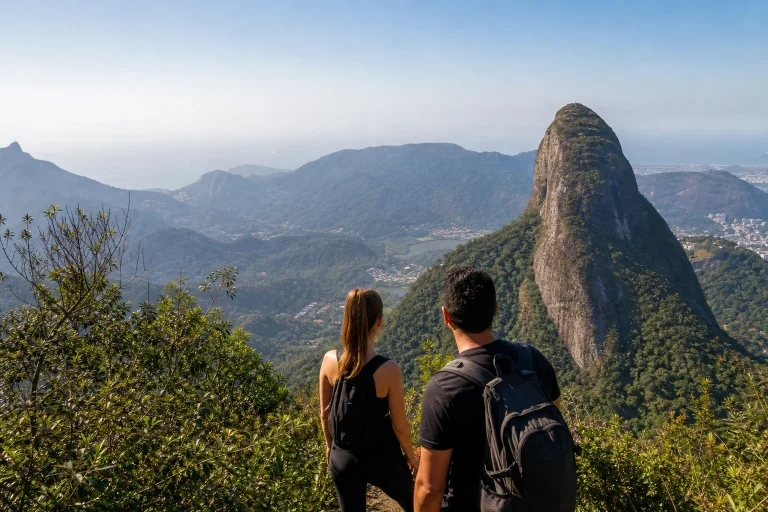 Hikers looking across the mountain landscape from Pedra Bonita in Rio de Janeiro