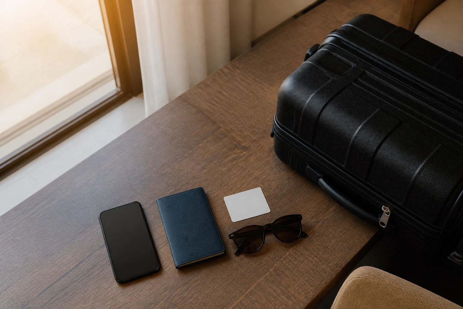 Luggage and travel essentials prepared for an airport transfer