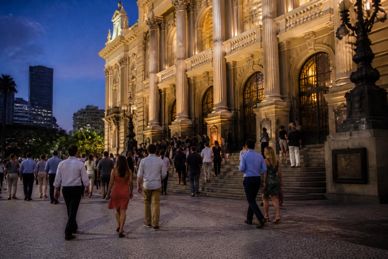 Visitors arriving for an evening cultural performance in Rio de Janeiro
