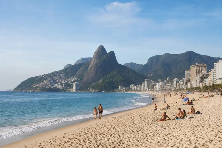 Open-ocean beach and green mountains in Rio de Janeiro