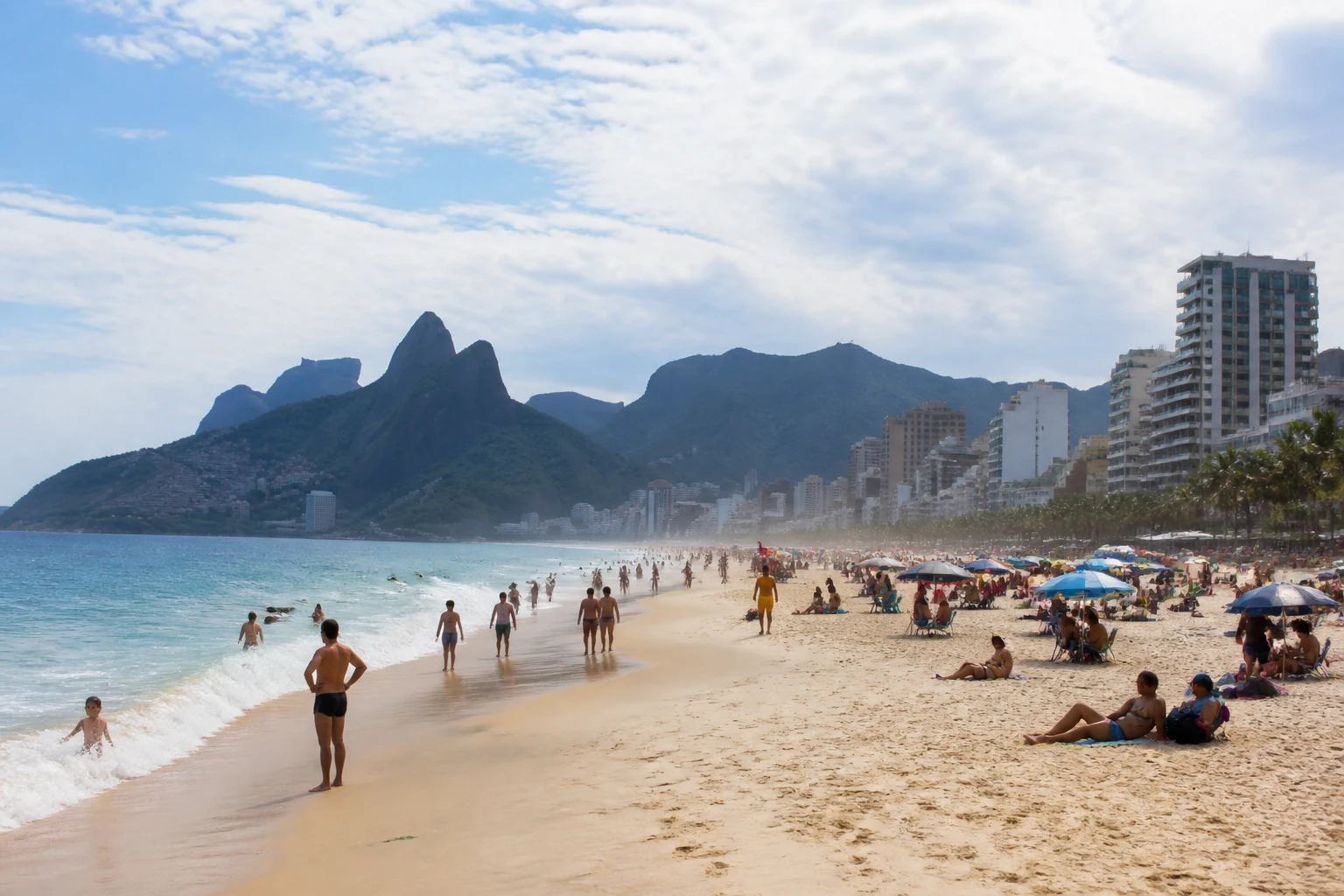 Rio de Janeiro beach beside the city and coastal mountains