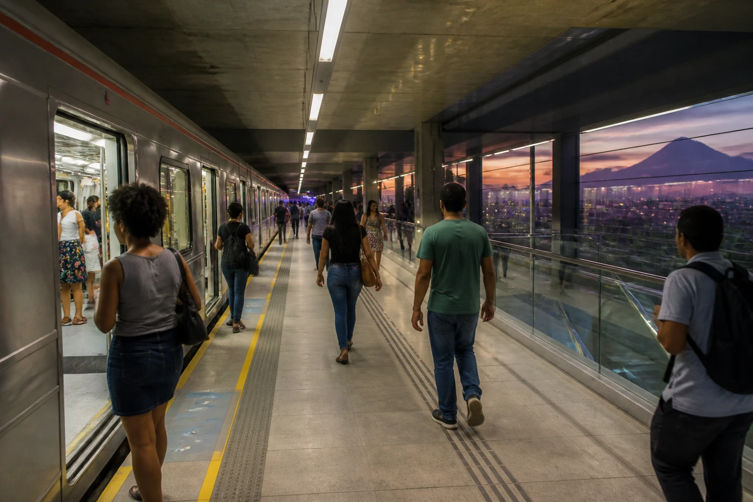 Travelers using the Rio metro during the evening