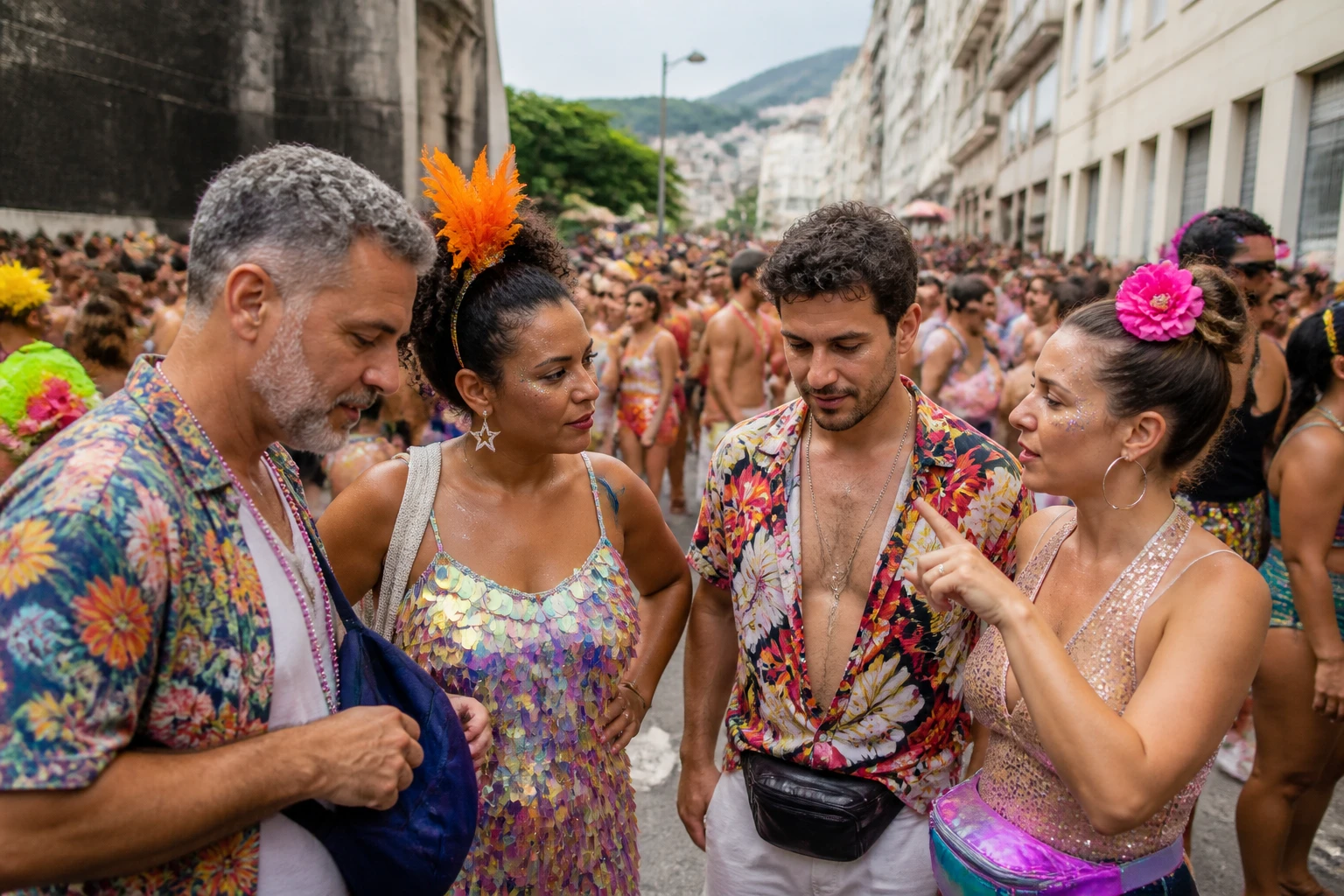 Friends preparing to enter a busy street Carnival crowd in Rio