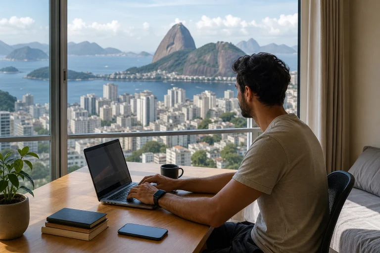 Remote worker using a laptop at an apartment desk in Rio de Janeiro