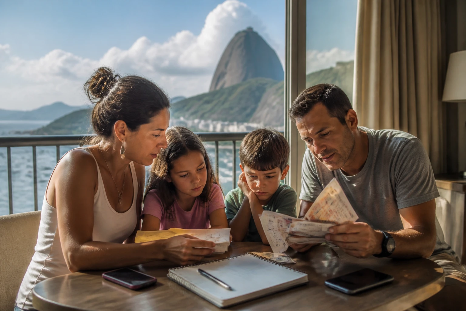 Parents planning attraction costs for a Rio family trip