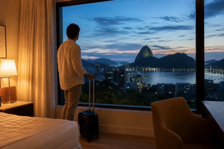 Traveler beginning a first night in Rio de Janeiro after checking into a hotel