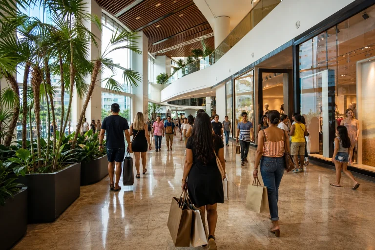 Shoppers inside a contemporary shopping center in Rio de Janeiro