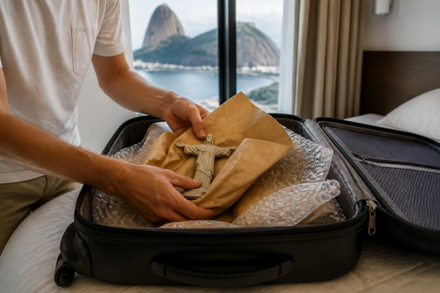 Packing a fragile Rio souvenir in protective wrapping