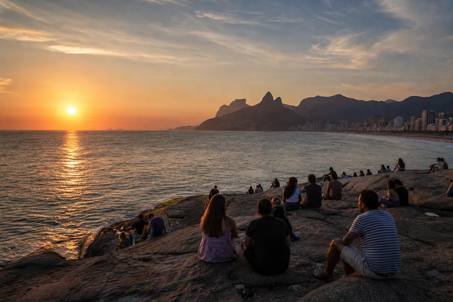 Visitors watching the sunset from the rocks at Arpoador in Rio de Janeiro