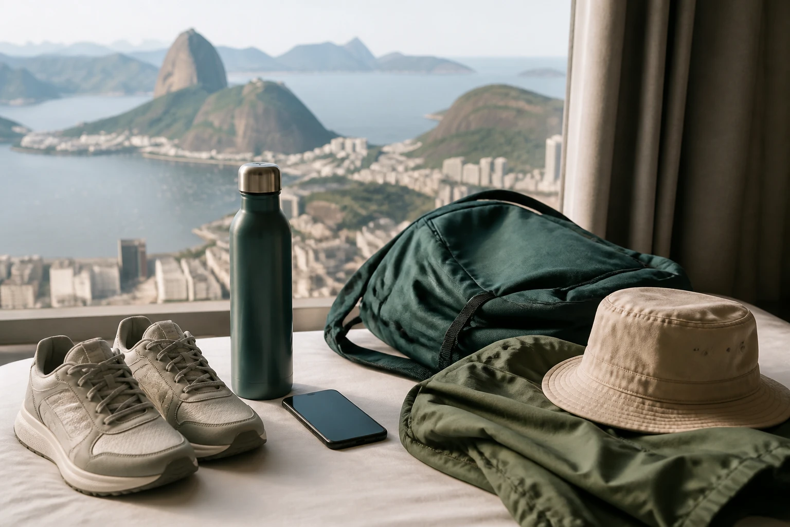Practical items packed for a weekend of sightseeing in Rio