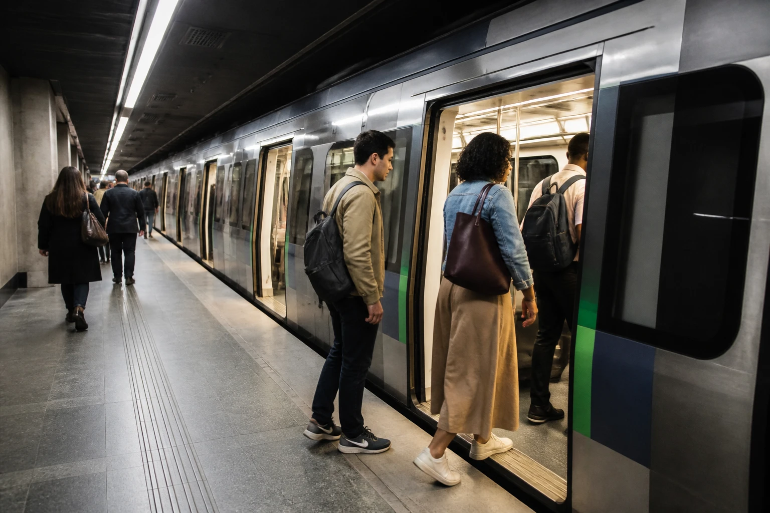 Travelers boarding a metro train in Rio de Janeiro