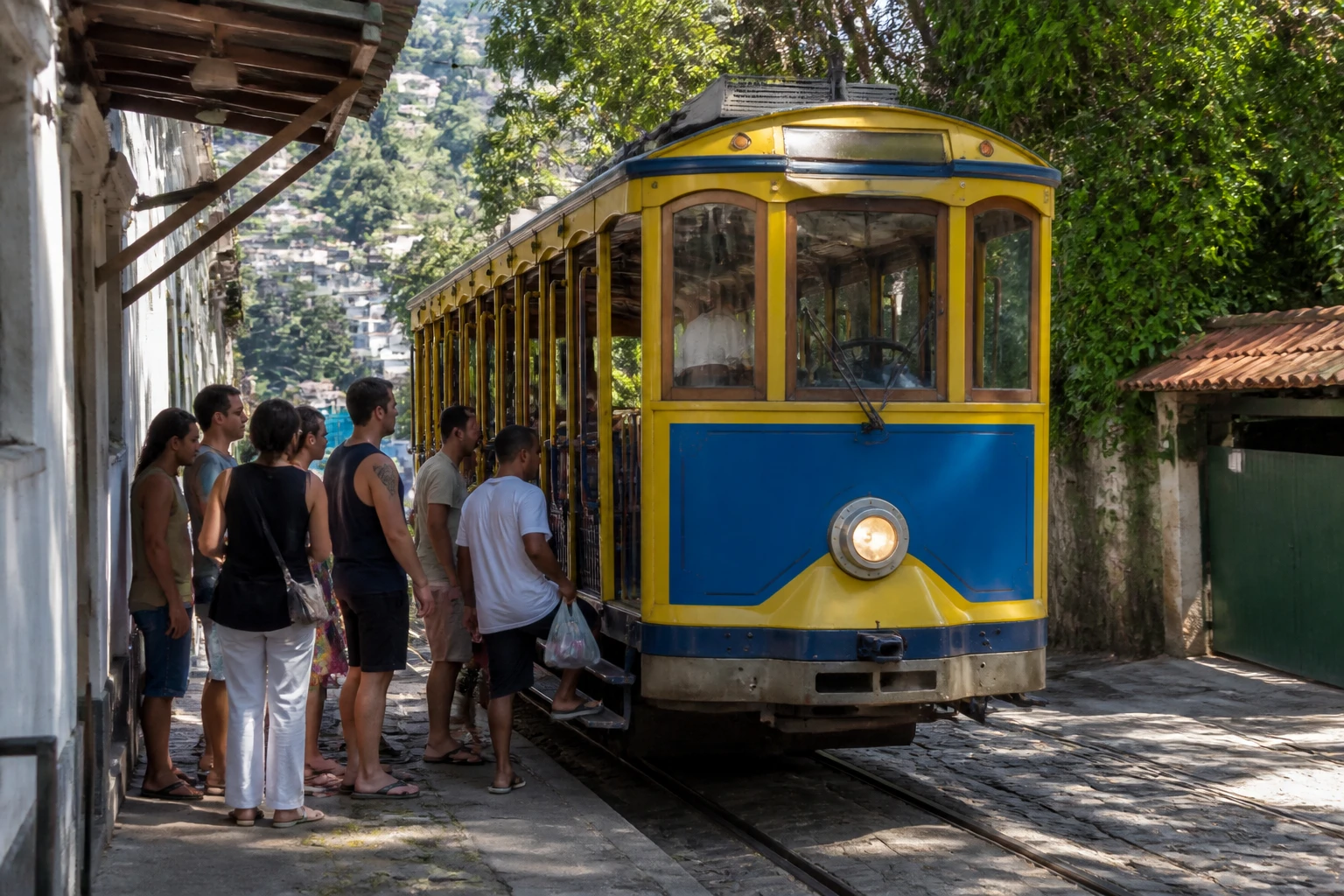 Travelers using the Santa Teresa tram in Rio de Janeiro