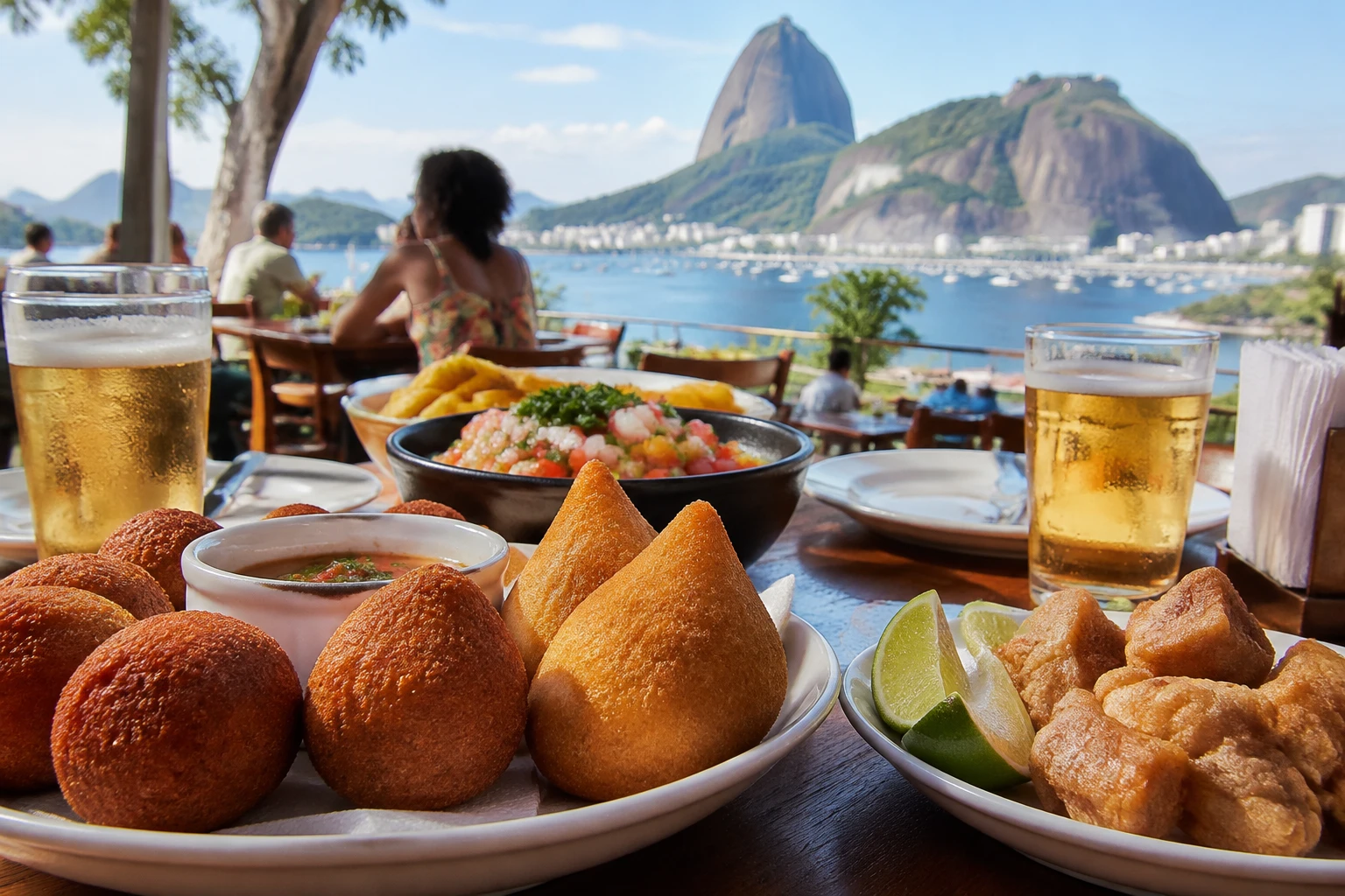 Assortment of Brazilian bar snacks on shared plates in Rio de Janeiro
