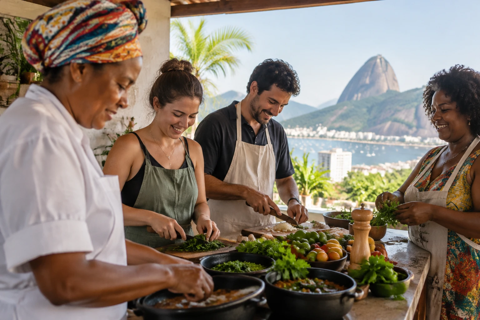 Participants preparing ingredients in a Rio de Janeiro cooking class