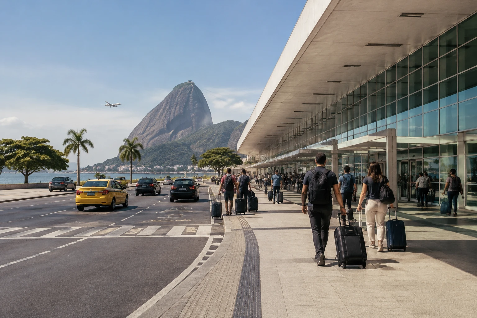 Travelers outside Santos Dumont Airport in Rio de Janeiro