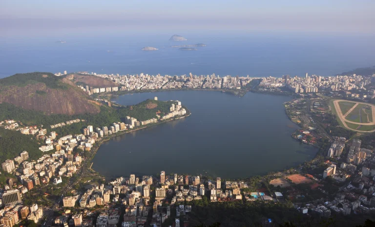 Lagoa Rodrigo de Freitas and its surrounding shoreline in Rio de Janeiro