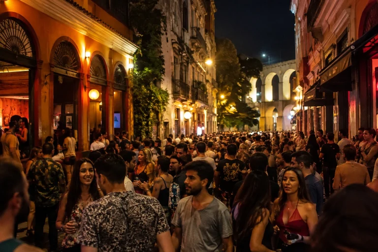 Crowds outside bars and music venues during a night out in Lapa, Rio de Janeiro