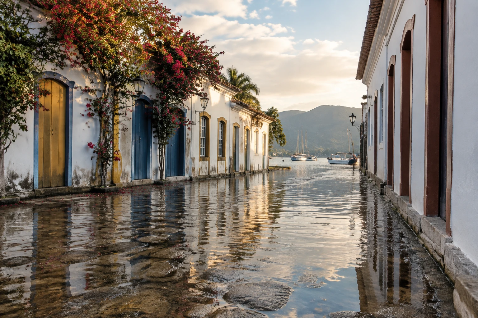 Seawater on a stone-paved street in Paraty’s Historic Centre at high tide