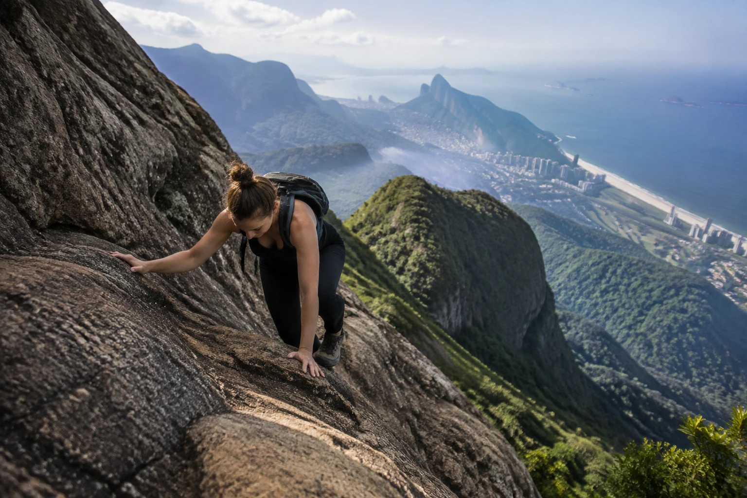 Properly equipped hiker on the Carrasqueira scramble at Pedra da Gávea