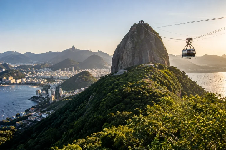 Sugarloaf Mountain cable car above Rio de Janeiro’s urban landscape
