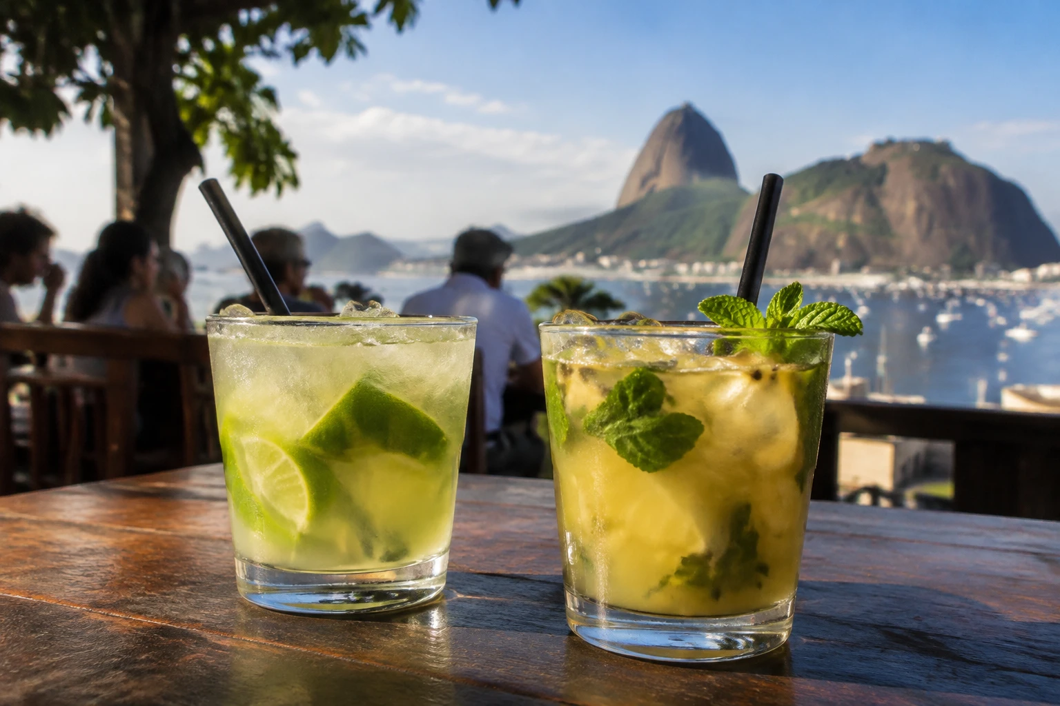 Lime and fruit caipirinha variations on a bar table