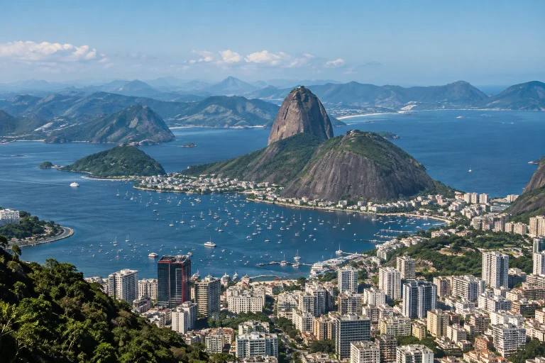 Sugarloaf Mountain rising above Guanabara Bay in Rio de Janeiro