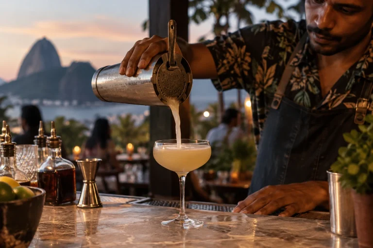 Craft cocktail being prepared at a contemporary bar in Rio de Janeiro
