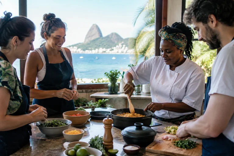 Travelers learning to prepare Brazilian food in a Rio de Janeiro cooking class