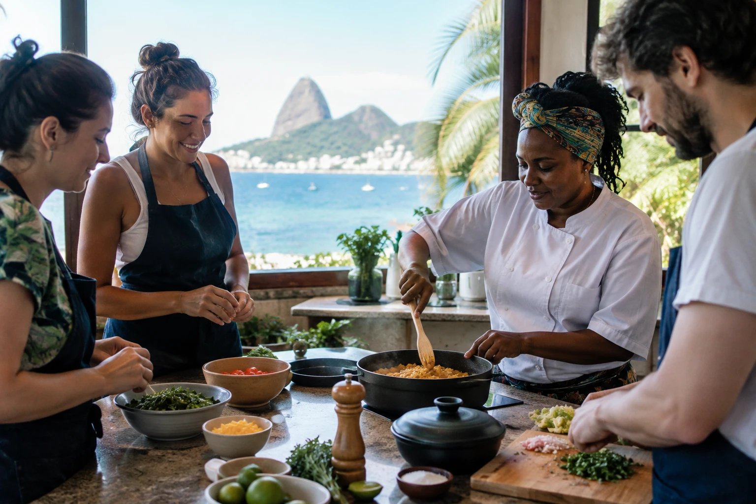 Travelers learning to prepare Brazilian food in a Rio de Janeiro cooking class