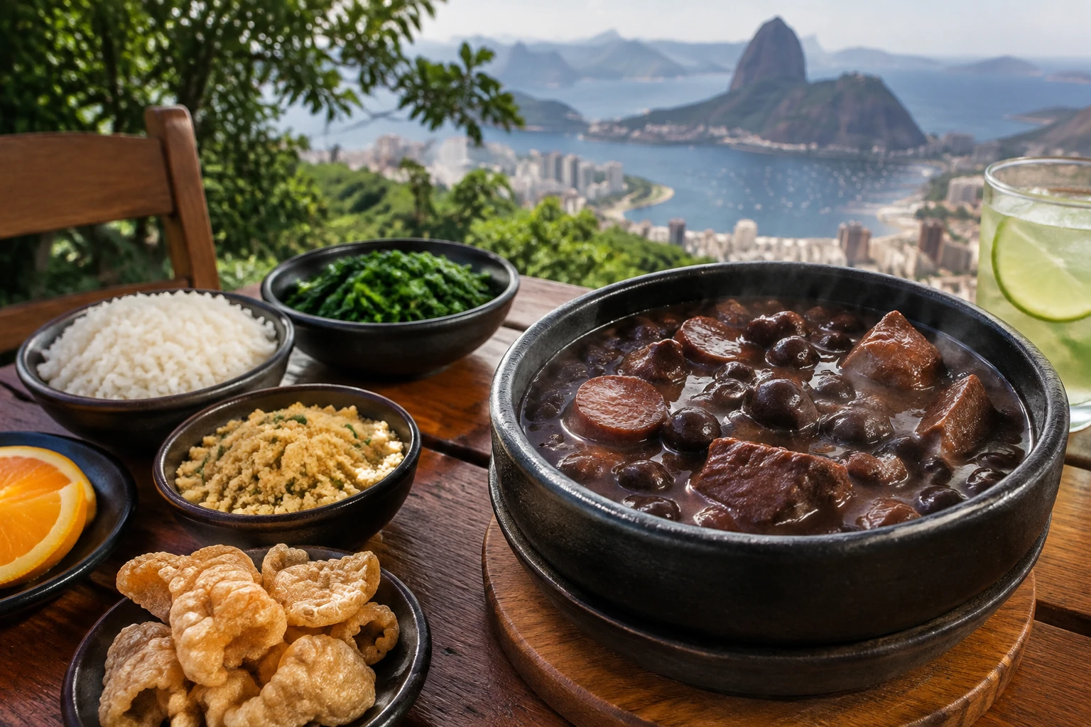 Feijoada served with rice, farofa, collard greens, and pork crackling