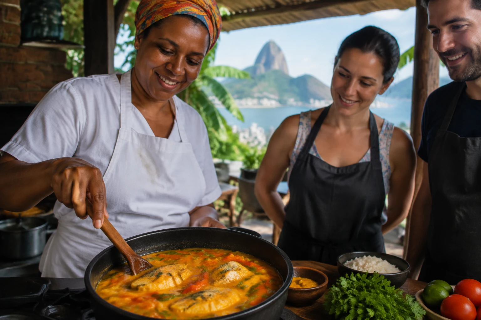 Fish moqueca prepared during a Brazilian cooking class