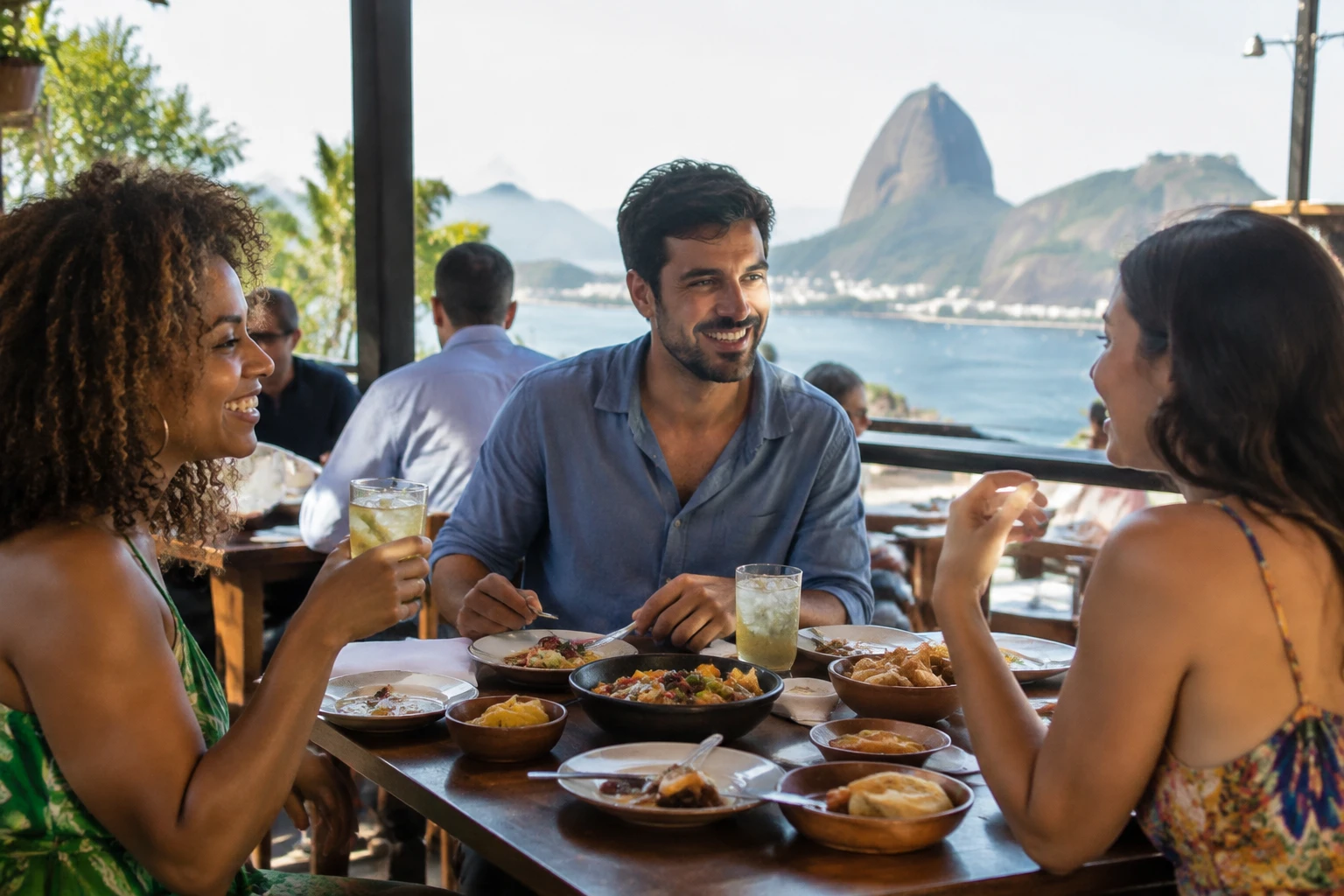 Diners sharing a relaxed meal at a Rio de Janeiro restaurant