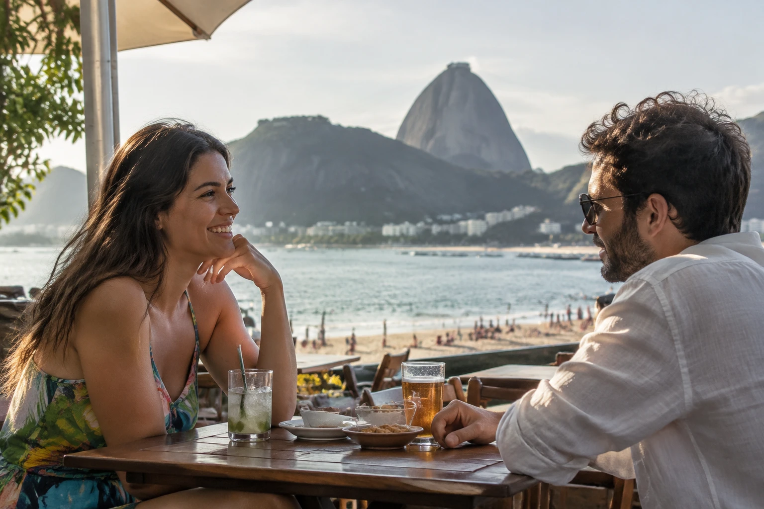 Couple sharing a relaxed moment at an outdoor café in Rio de Janeiro