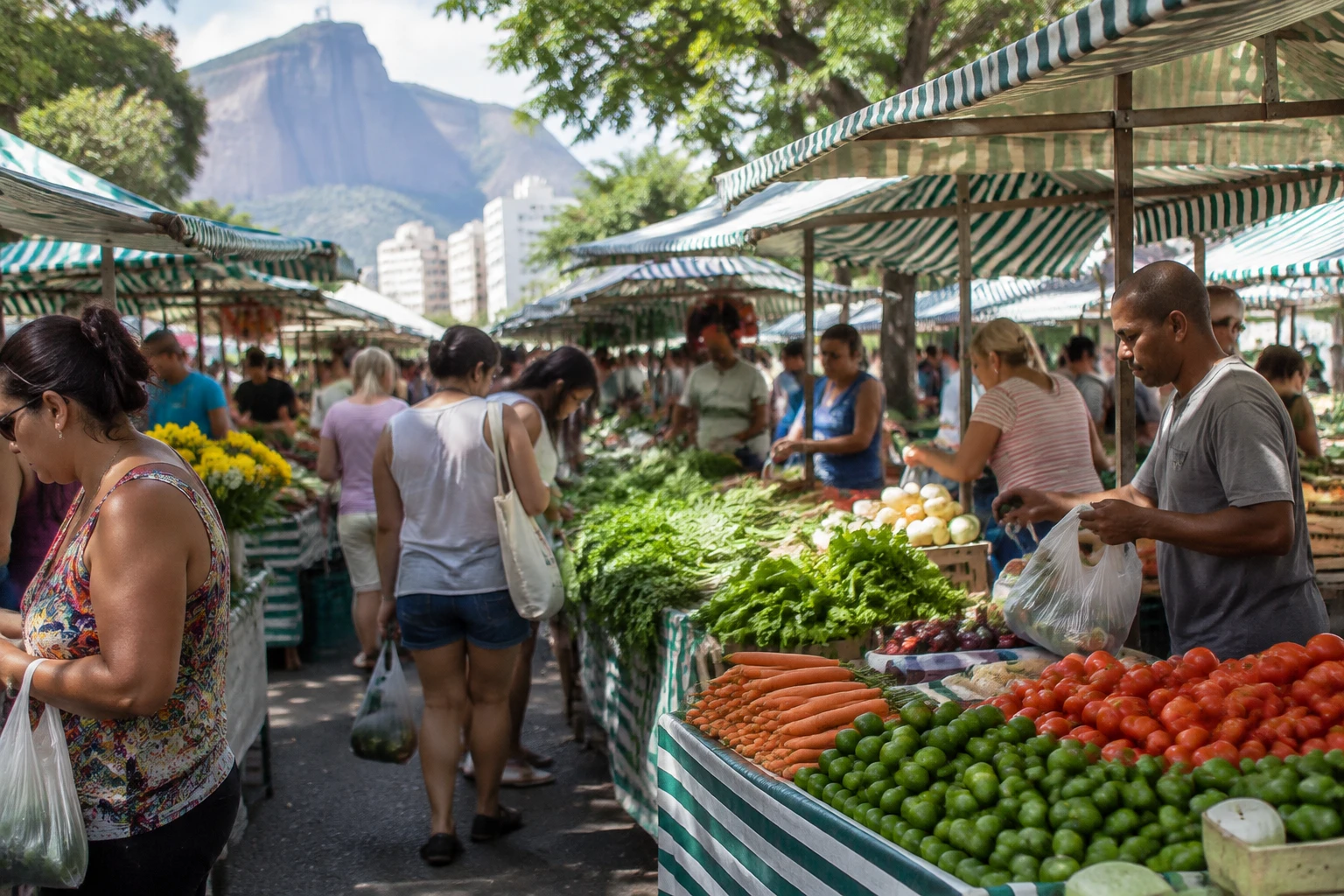 Shoppers browse fresh produce at a neighborhood feira in Rio de Janeiro.