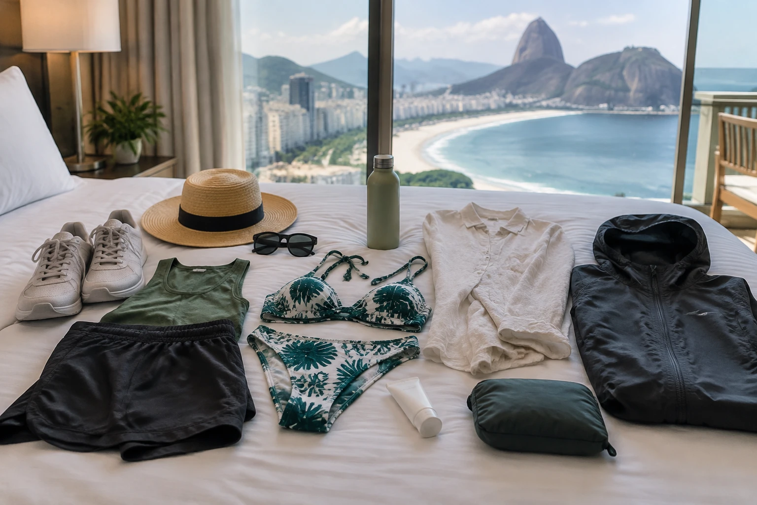 A compact set of clothing and travel essentials for a Rio de Janeiro trip