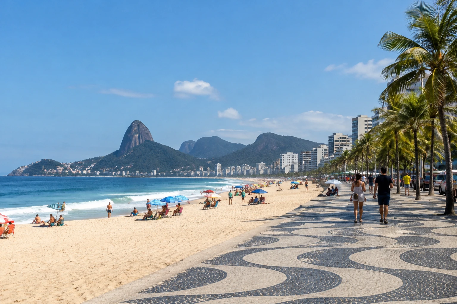 Daytime view of Copacabana Beach and its wave-pattern promenade in Rio de Janeiro