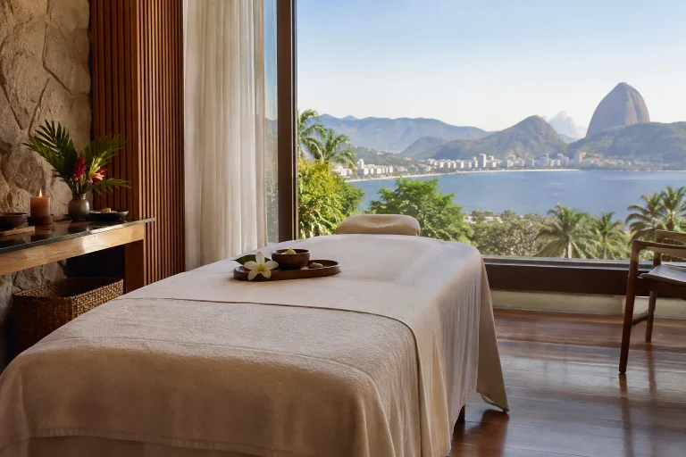 A calm spa treatment room prepared for a wellness appointment in Rio de Janeiro