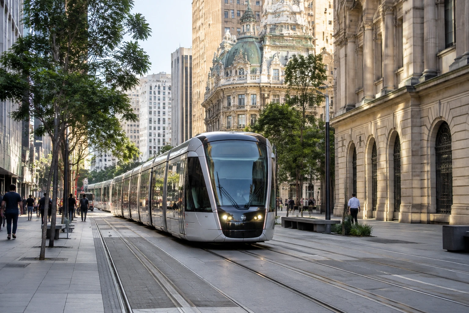 A VLT light-rail vehicle moving through central Rio de Janeiro