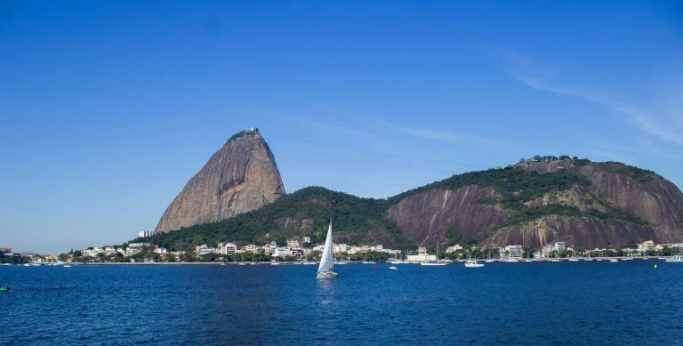Sugarloaf Mountain rising above Guanabara Bay in Rio de Janeiro