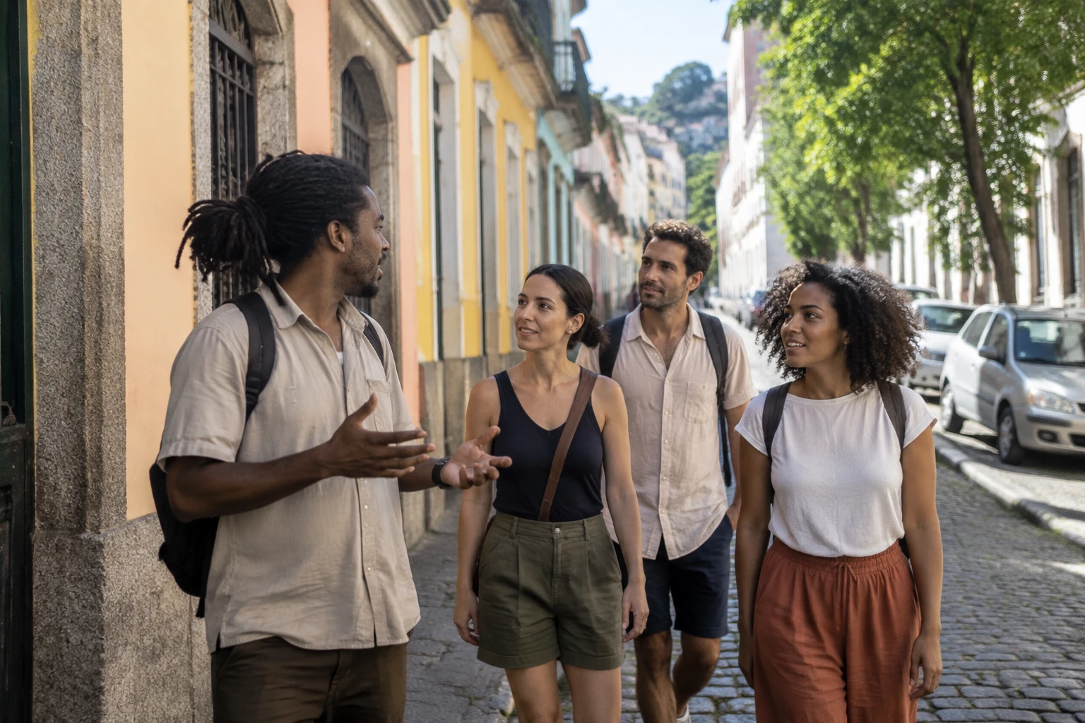 A small group taking a guided walking tour in Rio de Janeiro