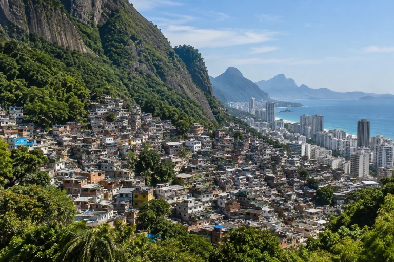 Elevated view across Rocinha’s hillside urban landscape in Rio de Janeiro