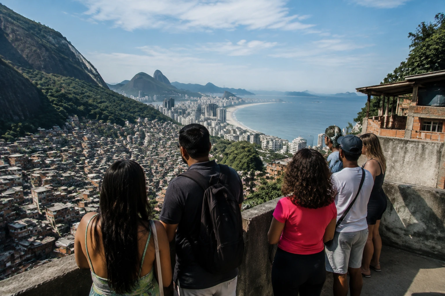 Guided visitors at a Rocinha viewpoint overlooking the neighborhood